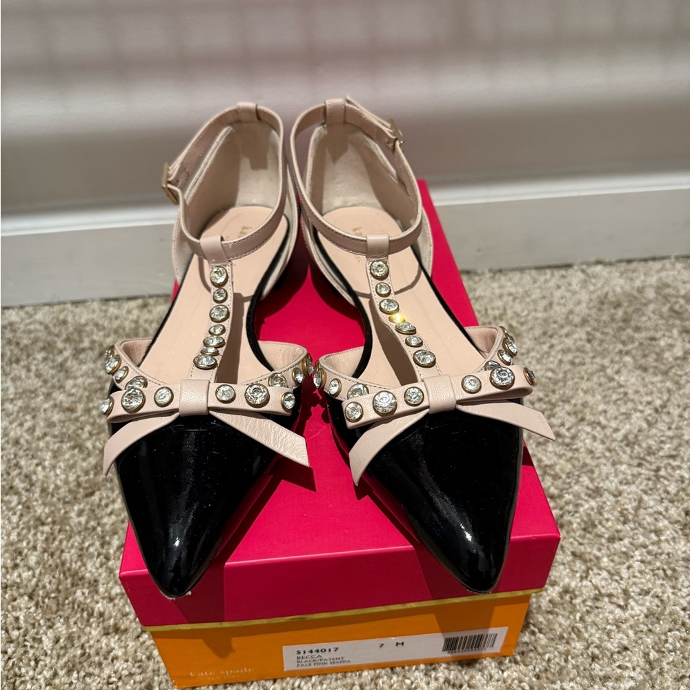 Kate Spade Becca Black and Cream Embellished bow Flats